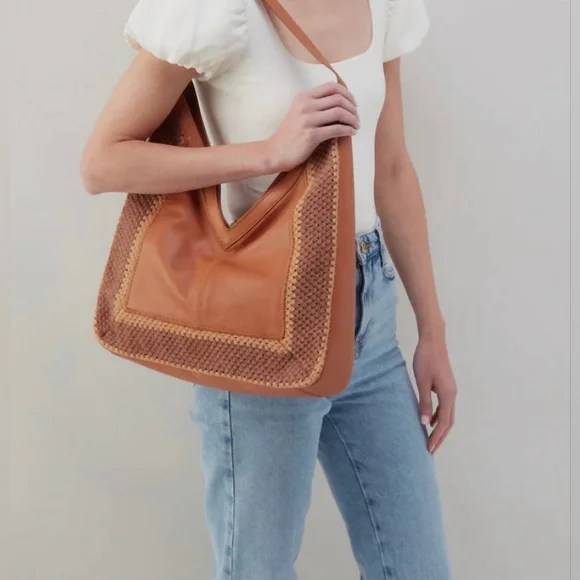 HOBO‎ Daisy Brown Crochet 100% Cow Leather Cotton Shoulder V Bag - Picture 10 of 10